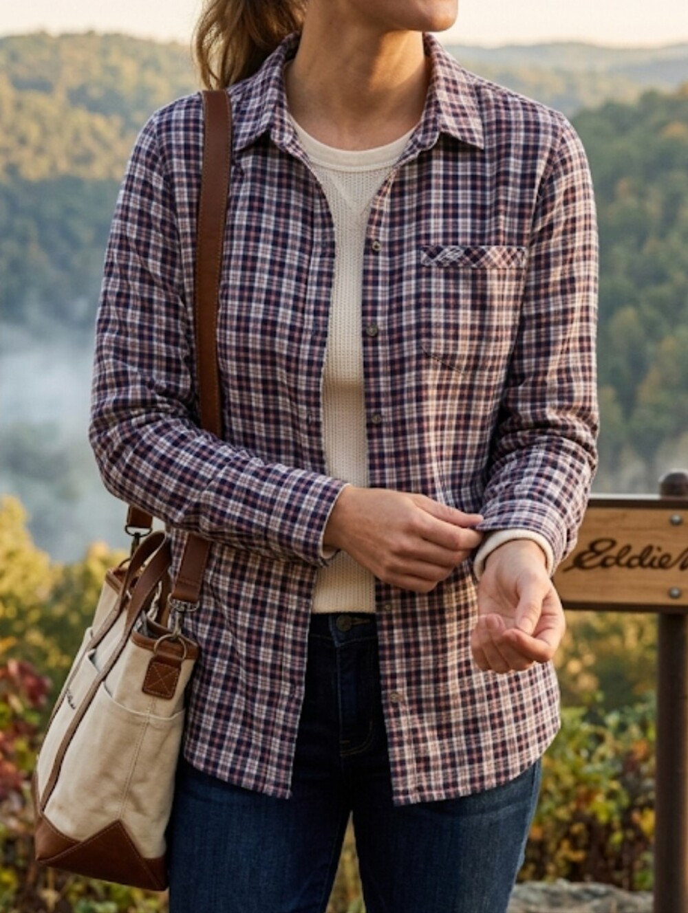 Eddie Bauer Women's Plaid Button-Down Shirt, Size 2XL, Lightweight Navy Red